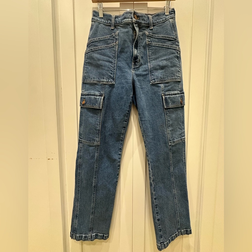 Madewell High-Rise Cargo Jeans in Medium Blue Denim